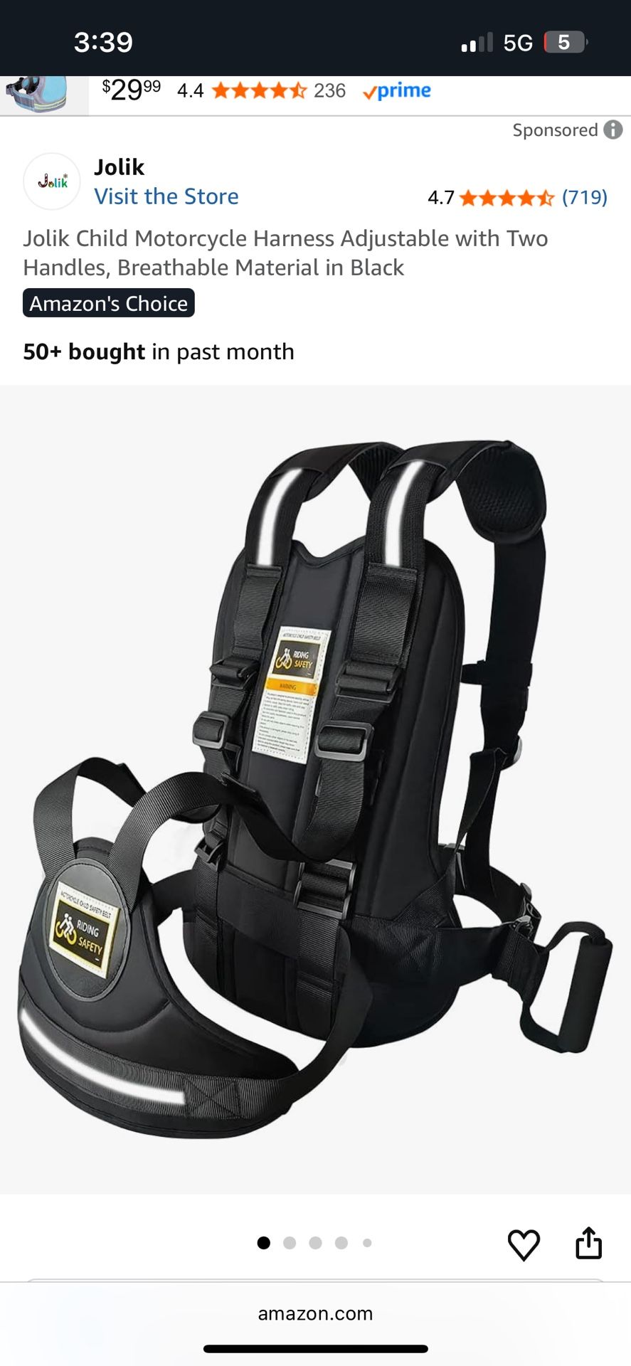 Jolik Child Motorcycle Or Bike Harness Adjustable with Two Handles, Breathable Material in Black