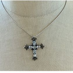 DBJ Sterling Silver Blue Stone & Marcasite Cross Pendant Necklace Gothic Deco
