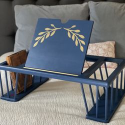 Adjustable Solid Wood Breakfast /Bed Tray with Book Pockets - Navy Blue and Gold Leaf Design