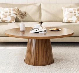 31.5”Fluted Walnut Round Coffee Table, Mid Century Modern Small Coffee Table, Farmhouse Wooden Circle Center Table, Brown