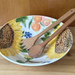 Hand-Painted Sunflower Large White Glazed Ceramic Salad Bowl w/ Wooden Servers
