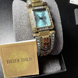 Heidi Daus Colorful Art Deco Cuff Watch Bracelet Swarovski Crystals OBO