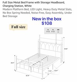 Full Size Metal Bed Frame with Storage Headboard, Charging Station, White Modern Platform Bed, LED Light, Heavy Duty Metal Slats, No Box Spring Needed