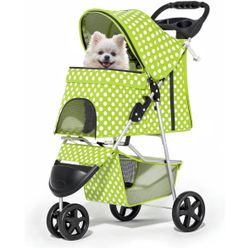 3 Wheels Pet Dog Cat Stroller for Small Medium Dogs Cats, Foldable Jogger Stroller w/Storage Basket and Cup Holder, Lawn Green Polka Dots