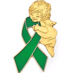 Green Angel Pin Awareness Ribbon Religious Spiritual Enamel Lapel, Brand New.