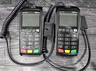 Used Ingenico desk 3500 hvn-des35bb  (2 available)  Countertop credit card payment terminal featuring Ethernet, dial-up modem, and Wi-Fi connectivity.