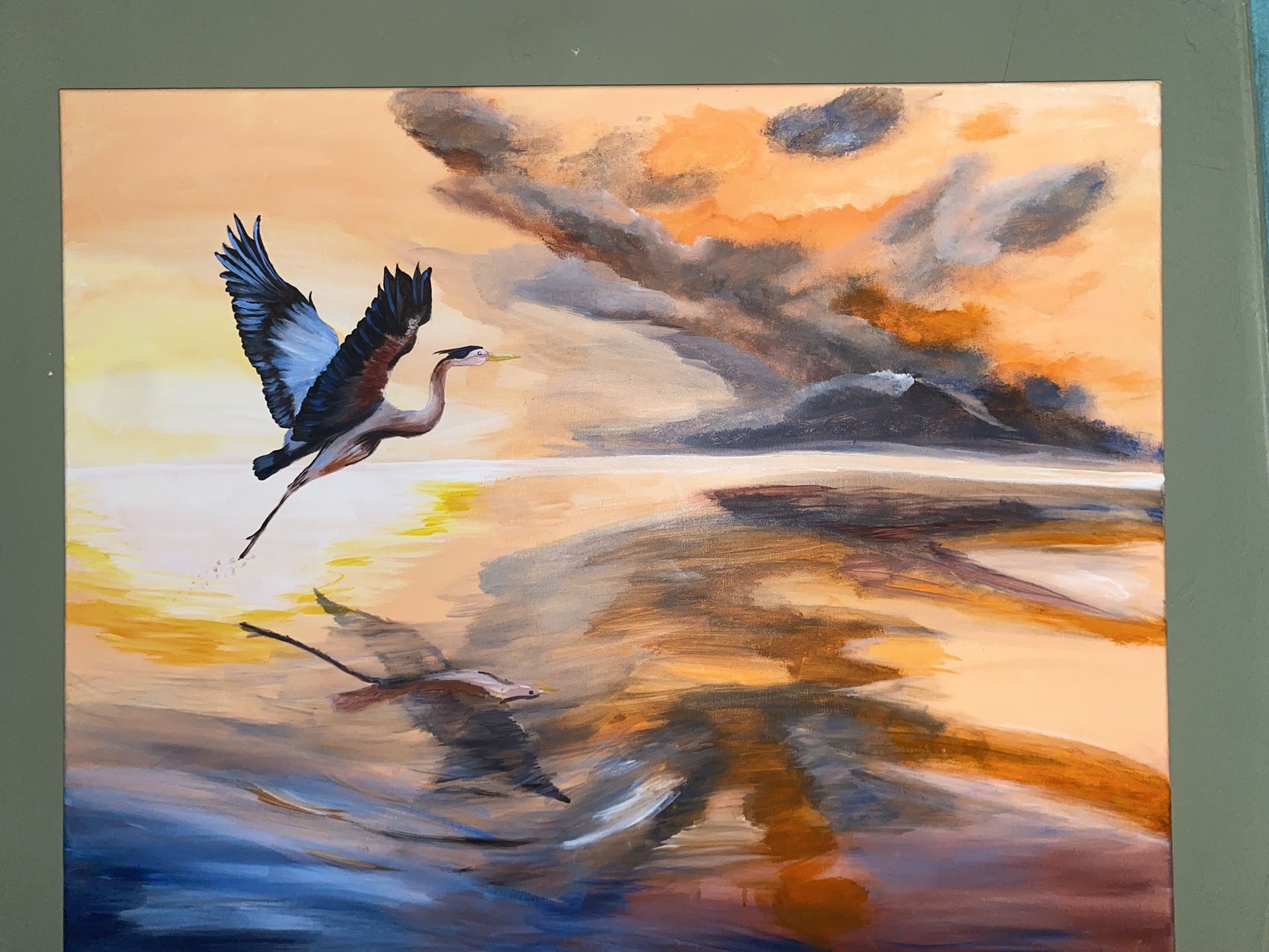 Hand Painted Blue Heron On The Water.
