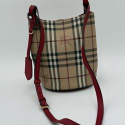 auth Burberry Check Shoulder Bag – Beige x Red – Coated Canvas & Leather 