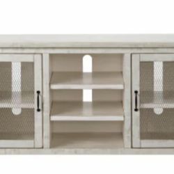 60 Inch Rustic Wooden TV Stand with Mesh Design, Antique White