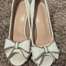White Rhinestone Bow Heels – Elegant Open Toe Heels (Size 7)