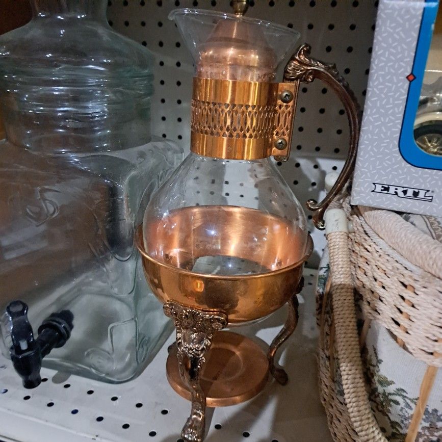 Vintage 1960s Copper & Brass  Coffee Carafe with Copper Stand