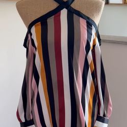 LOFT Off The Shoulder Multicolor Striped Blouse
