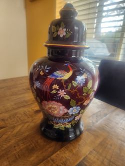 Vintage mid century purple peacock vase , 17in h.