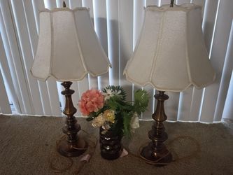 Pair of Brass Table Lamps with Shades and brown vase with flowers