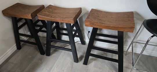 Three Beautiful Solid Brown Wood Bar Stools