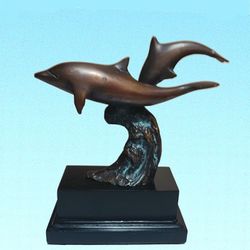 Vintage double dolphin cast statue w/ wooden base 8" X 7" inches Beautiful!