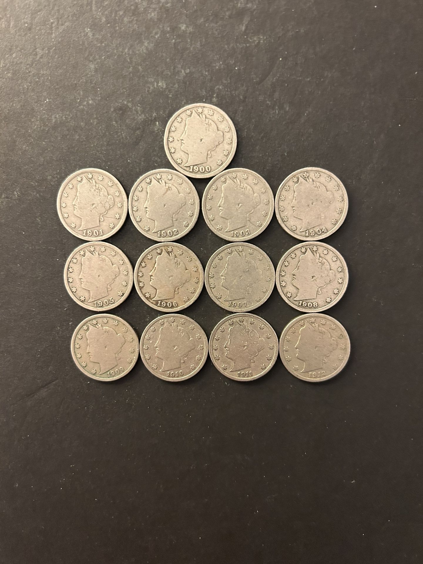 Coins – Liberty V Nickels – 1900/01/02/03/04/05/06/07/08/09/10/11/12 -all Philadelphia mint– total 13 Coins