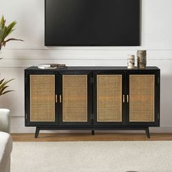 Wooden Rattan Sideboard TV Stand 4 Doors Storage Cabinet Credenzas Table TVs up to 65" Buffet Home Living Room Kitchen Black $280