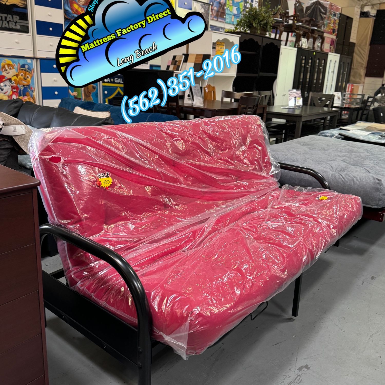 Foldable Metal Futon Bed With Red Mattress 