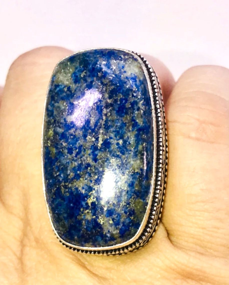 Natural Lovely Lapis Lazuli large square stone & .925 stamped sterling silver Antique design ring size 9 NEW!