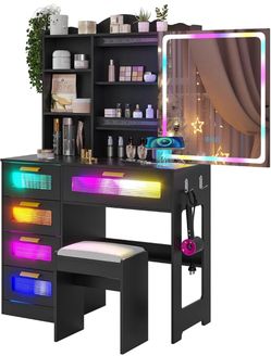 Black Makeup Vanity Desk with Lighted Miror&Stool for Girls/Women - OPEN BOX