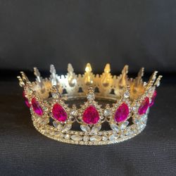 Queen Crown Women Rhinestone Wedding Tiara Pink Fuchsia Headband Princess Crown