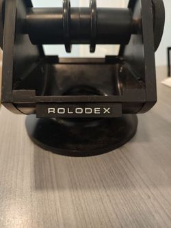 Vintage Rolodex Swivel File SW-24, 1980s Mod Turnstile Card Organizer, Black & Faux Wood Desk Address Holder
