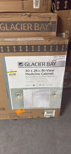 Glacier Bay Medicine Cabinet 30x26in Glass Doors Silver Mirror Recessed/Surface