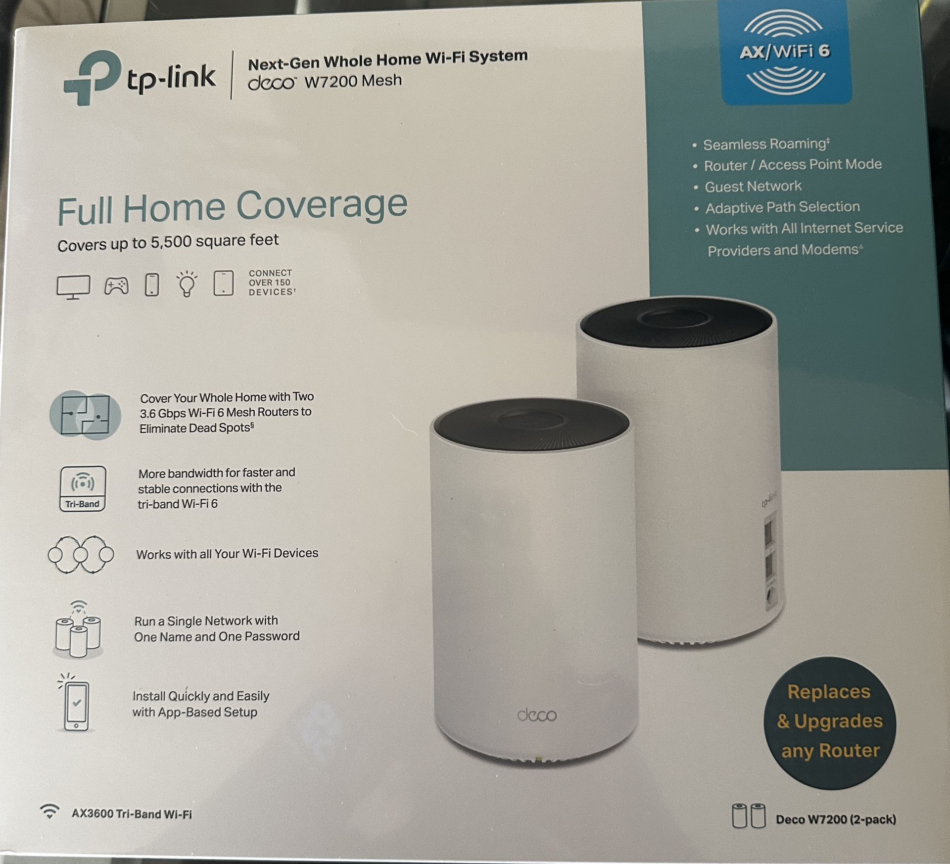 TP-Link Tri-Band Wi-Fi 6 Mesh Router System | 2- Mesh Routers | Coverage up to 5,500 sq. ft. | Deco W7200 (2-Pack)