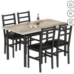 Dining table set for 4, oak dining table set of 5 with 4 PU leather cushioned chairs, compact space dining table for small spaces, kitchen, living roo