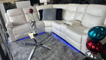 White Leather Reclining Sectional Sofa with LED Lighting