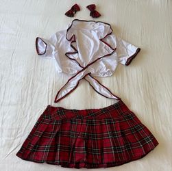 Red Plaid Pleated Mini Skirt Set & Y2K Schoolgirl Coquette Outfit - Size M (30" Waist)