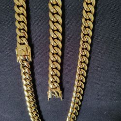 20MM 18inch Stainless Steel Gold Cuban Link  Chain and Bracelet 