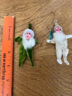 Vintage Pair Mid Century Chenille Clay Face Green and White Santas