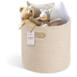 PUTSKA Basket – Round Storage for Toys and Clothes, Stuffed Animals – Soft Basket for Nursery, Kids Room, Bedroom, Living Room -Cream (15”x16”)