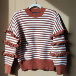 English Factory Ruffle Sleeve Women's Sweater Shirt  Top Striped white Beige brown size M medium