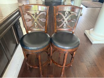 2 Solid Wood Leather Seat Swivel Barstools