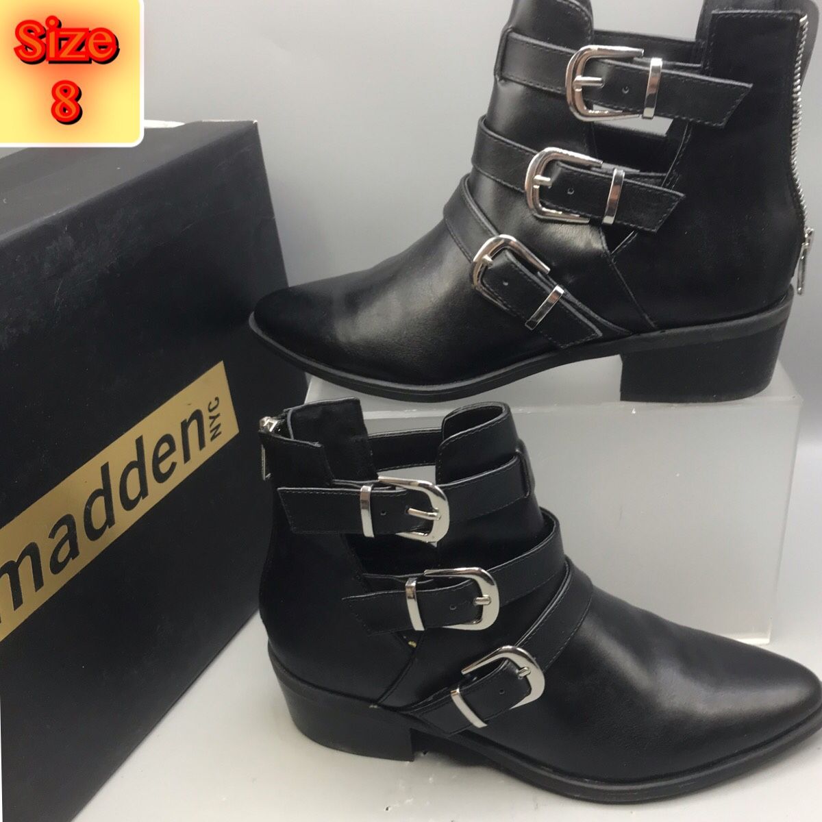 Madden women’s 3 Side buckles back zipper Ankle Boot size 8