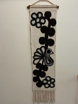 Vintage Mexican Yarn Art Tapestry Wall Hanging Mid Century Folk Art Bird 1970s