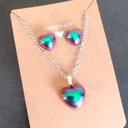 Valentine's Day rainbow color shift heart shaped stud earrings and necklace set 