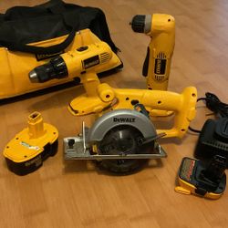 DeWalt Cordless Tools (Drill, Angle Drill, Circular Saw, Working Battery, New Style Battery Adapter, Battery Charger & Bag)