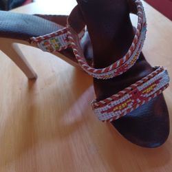 NEW INDIAN BEADED SANDAL HEELS.   SIZE 6.5 ONLY $10.