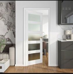 New in the box 30-in x 80-in White Primed Solid Core Solid door 5-Lite Frosted Glass Interior Slab Door(E481)