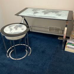glass desk world map & matching round nesting tables