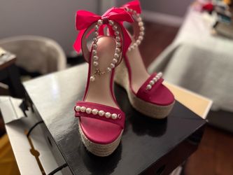 NEW - Pink Sandal Wedges W/ Pearl Ankle Strap