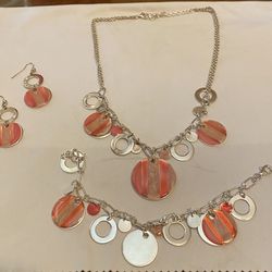 Sterling Silver (925) and Pink Jewelry Set (Necklace 18” adjustable chain, earrings 2” and bracelet