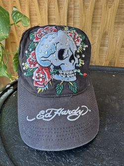 Vintage Don Ed Hardy Floral Rose Skull Hat Black Tattoo Y2K Bling Snap Back Mesh Trucker Graphic   