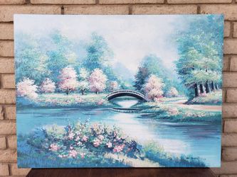 MIN SONG REE Original Impressionist Landscape Painting River Bridge Textured