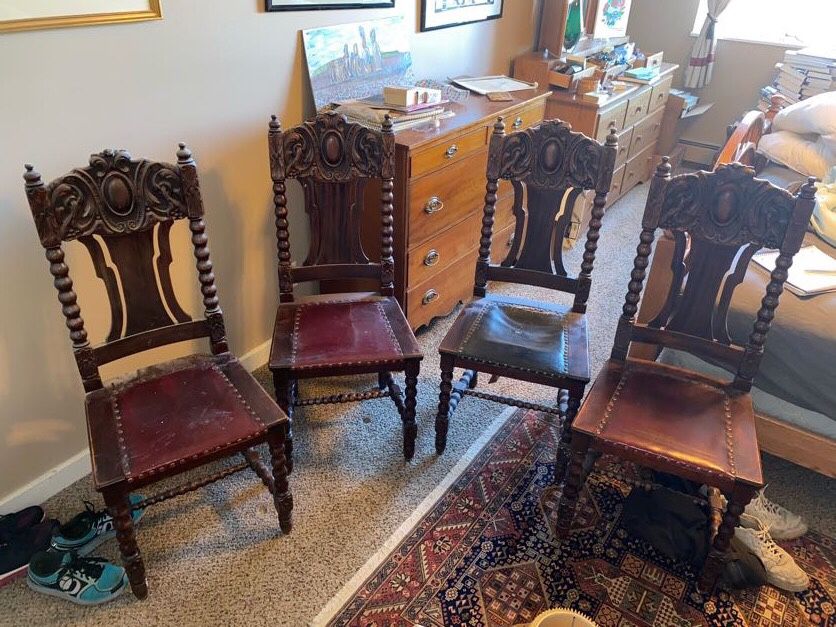 Antique Leather & Wooden Dining Chair Set