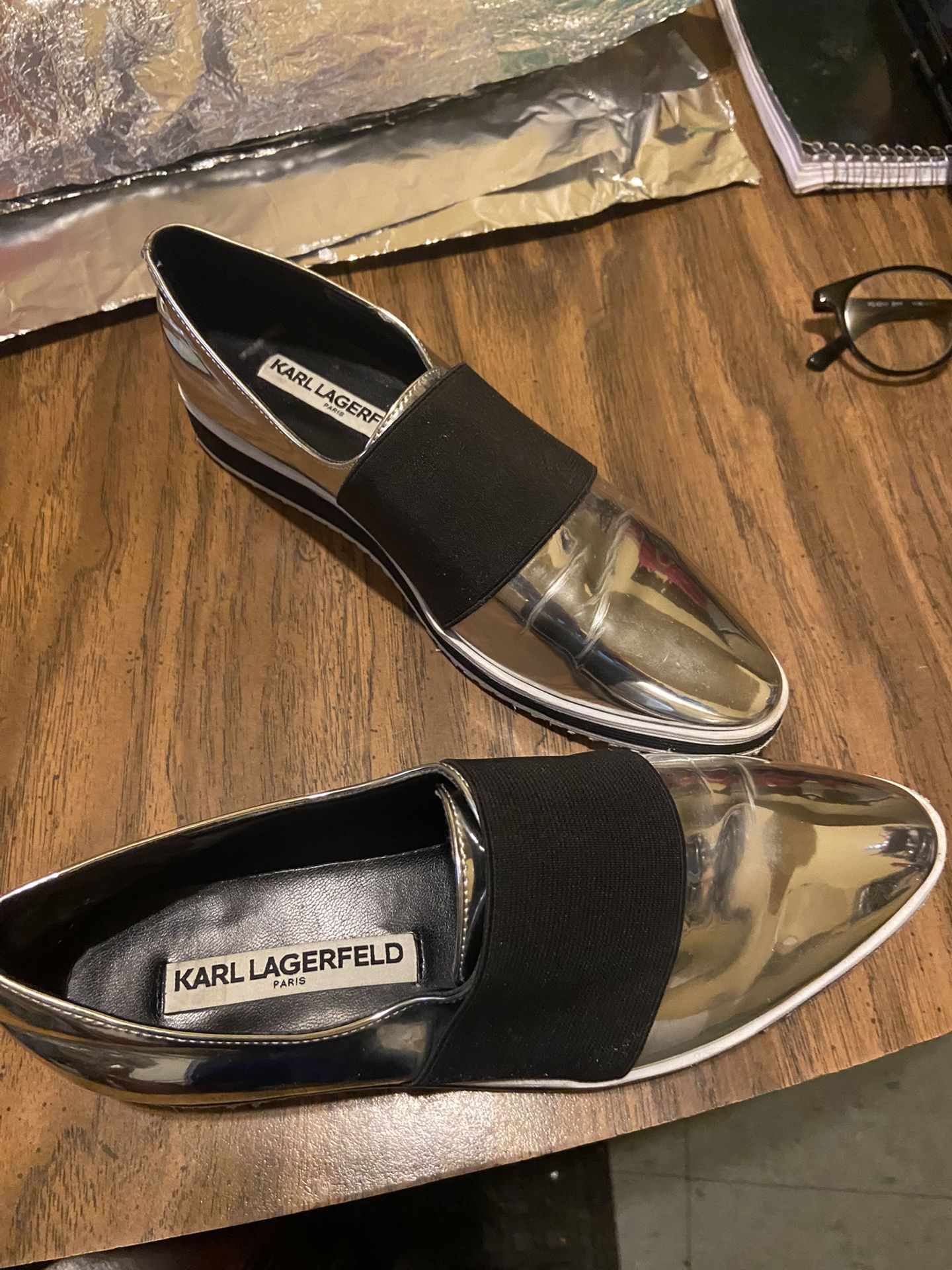  Karl Lagerfeld Shoes Size 6M/36B Gold With Black Across Top.